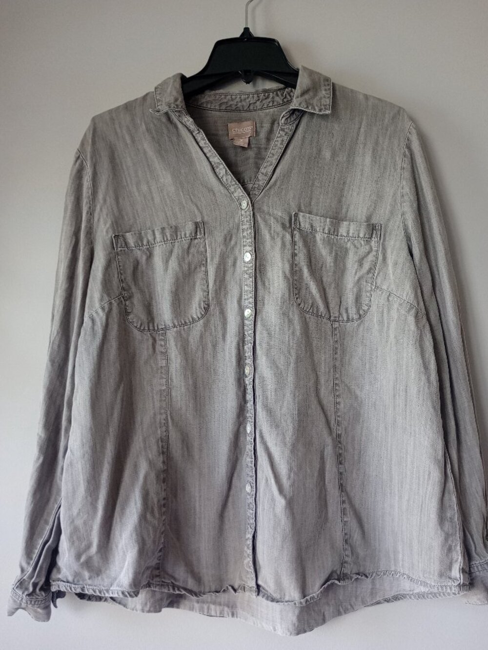 Chico's Gray Tencel Chambray Striped Women's Button Shirt  Sz 3 Boho Minimalist